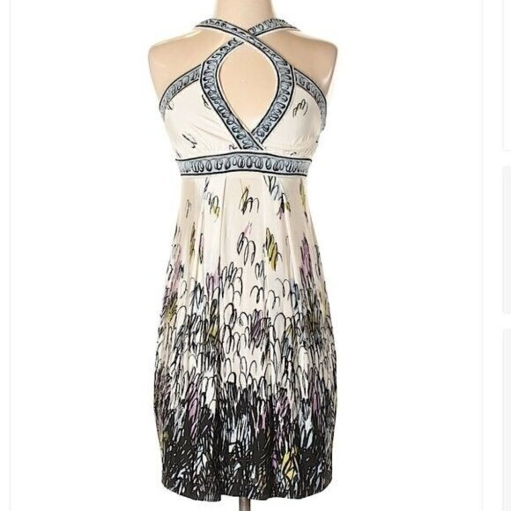 BCBGMAXAZRIA Women's Size XS Halter Sun Dress‎ Cream Blue Floral Surplice Neck